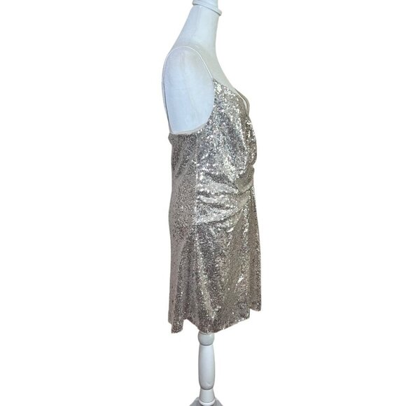 Silver Sequin Mini Cocktail Dress Faux Wrap Party Festive Slinky Sexy Y2K Sz XS - Picture 4 of 8